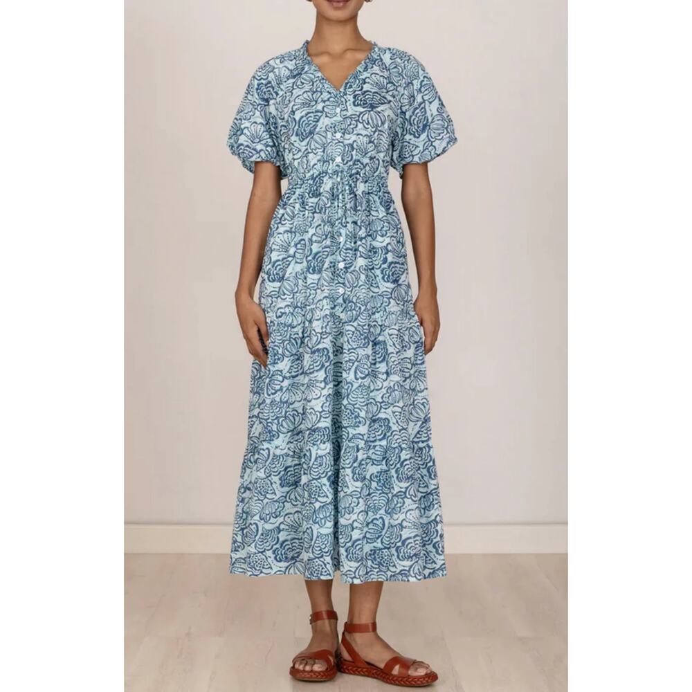Banjanan Poppy Midi Dress Shell Aqua Puff Sleeve Cotton Button Tuckernuck